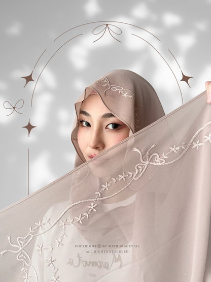 "Just a Girl" | Bow Flower Embroidery Hijab (Nude)