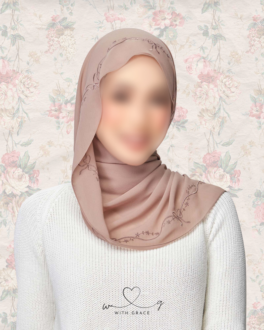 "Just a Girl" | Bow Flower Embroidery Hijab (Nude)