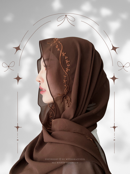 "Just a Girl" | Bow Flower Embroidery Hijab (Chocolate)