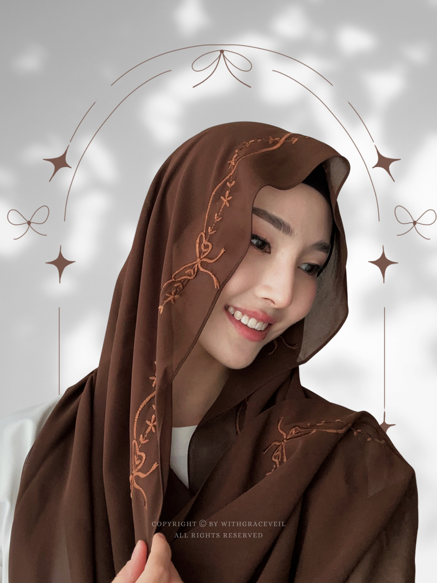 "Just a Girl" | Bow Flower Embroidery Hijab (Chocolate)