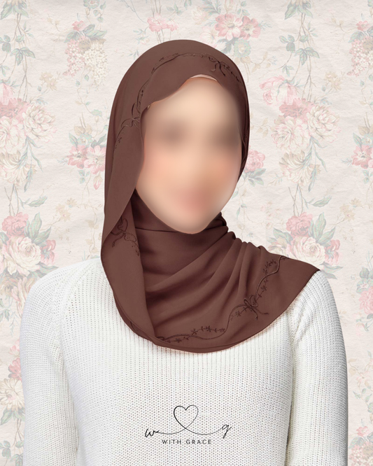 "Just a Girl" | Bow Flower Embroidery Hijab (Chocolate)