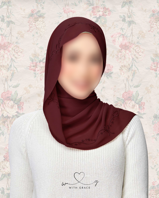 "Just a Girl" | Bow Flower Embroidery Hijab (Dark Burgundy)