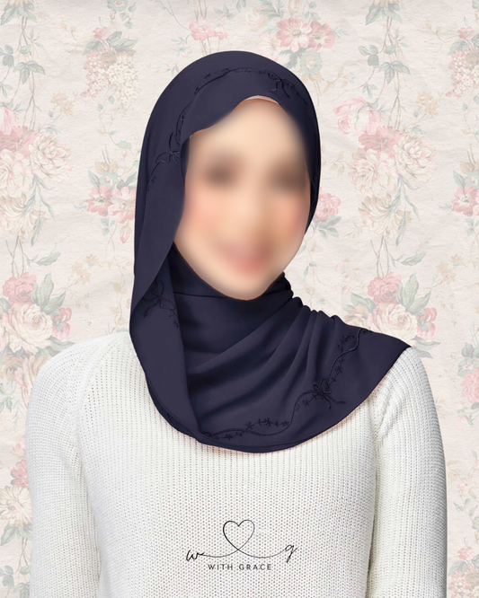 "Just a Girl" | Bow Flower Embroidery Hijab (Deep Navy)