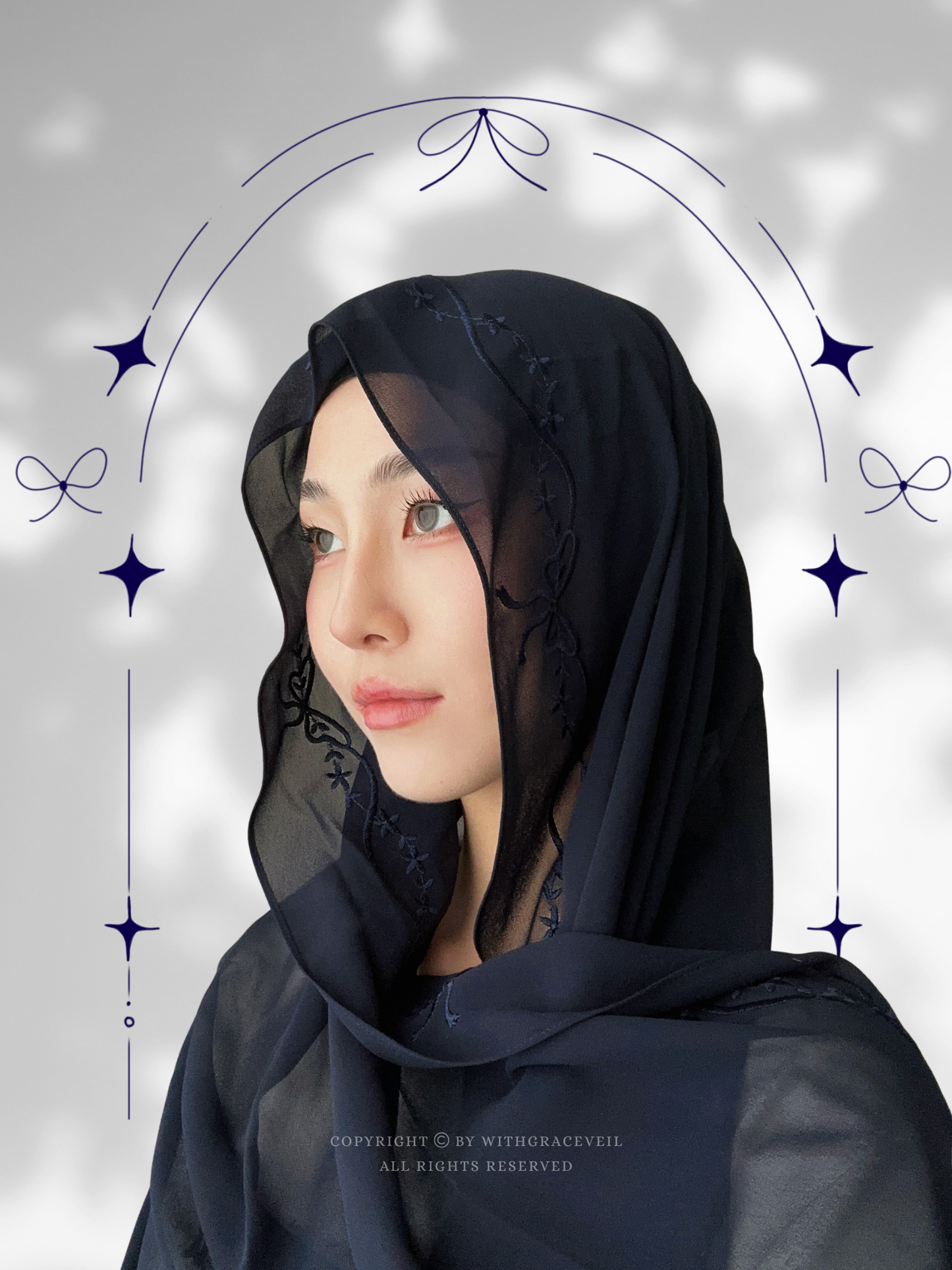"Just a Girl" | Bow Flower Embroidery Hijab (Deep Navy)