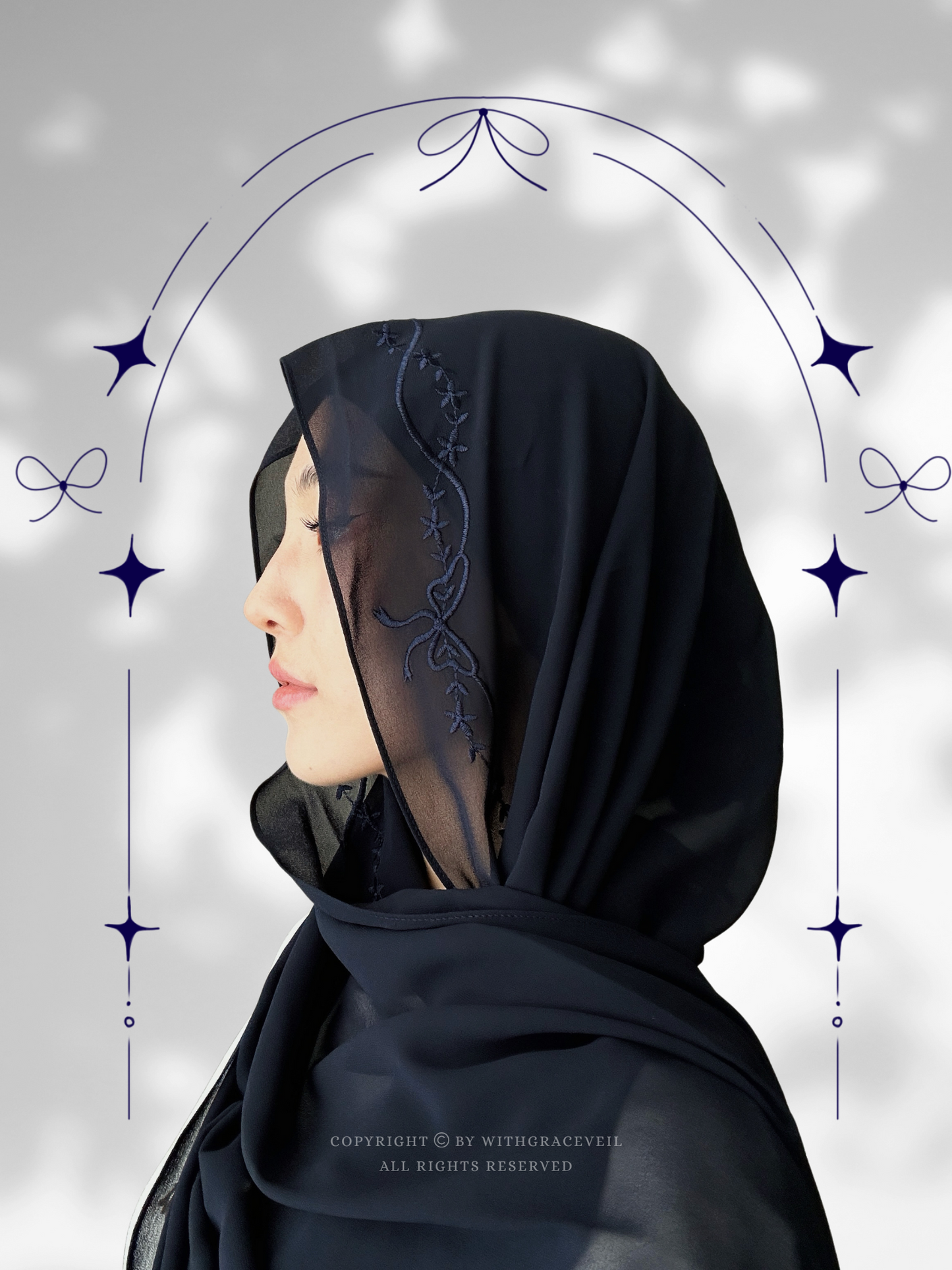"Just a Girl" | Bow Flower Embroidery Hijab (Deep Navy)